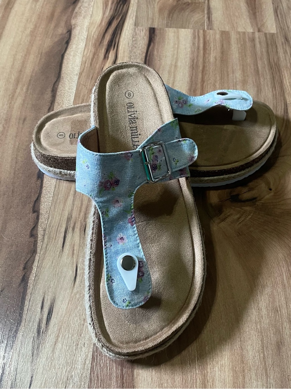 Olivia Miller Blue Floral T-Strap Slide Sandals Cork Jute Boho Summer Size 8